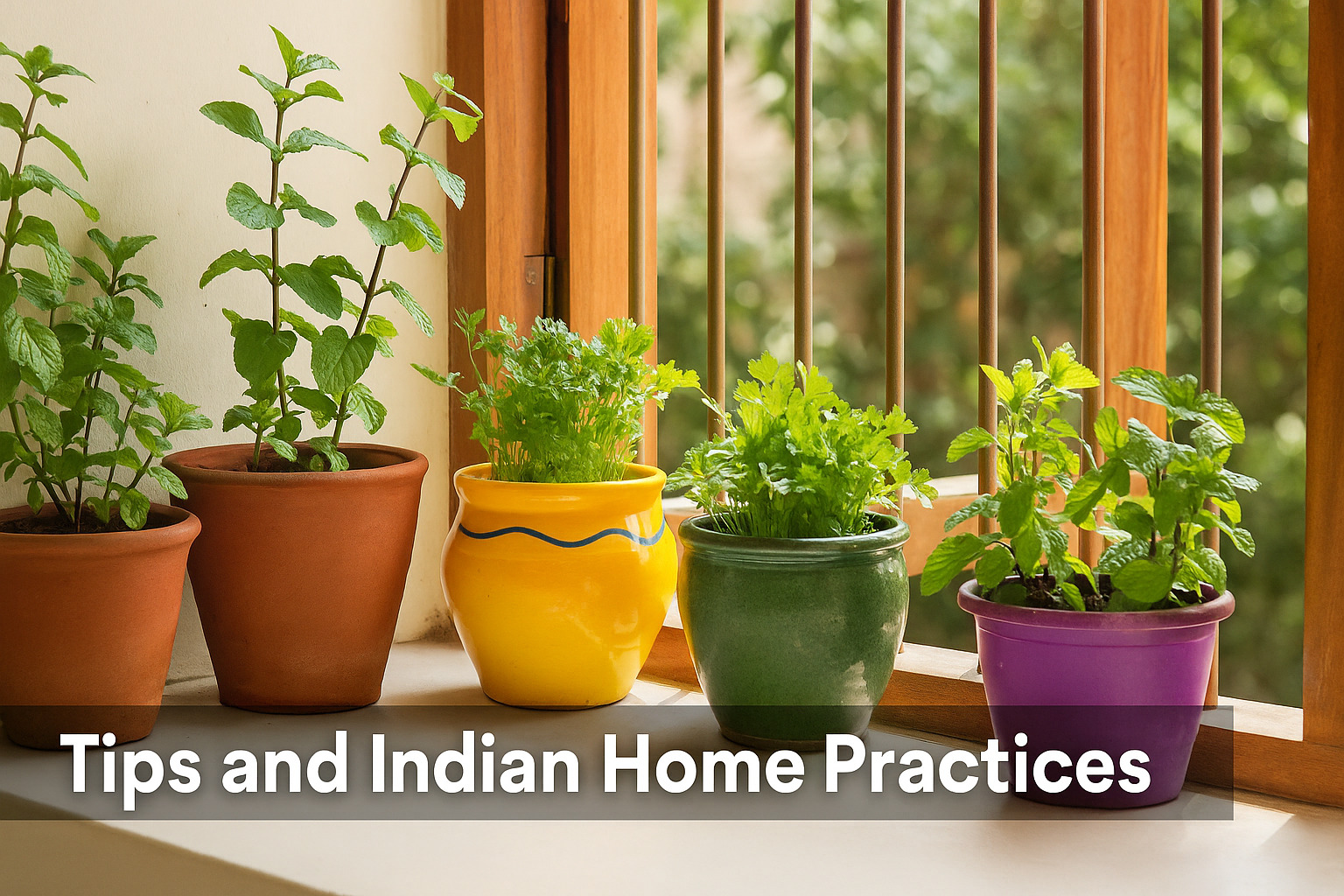 Five potted herbs, including mint, tulsi, and coriander placed on an Indian windowsill with sunlight and traditional wooden bars, showcasing practical home gardening practices